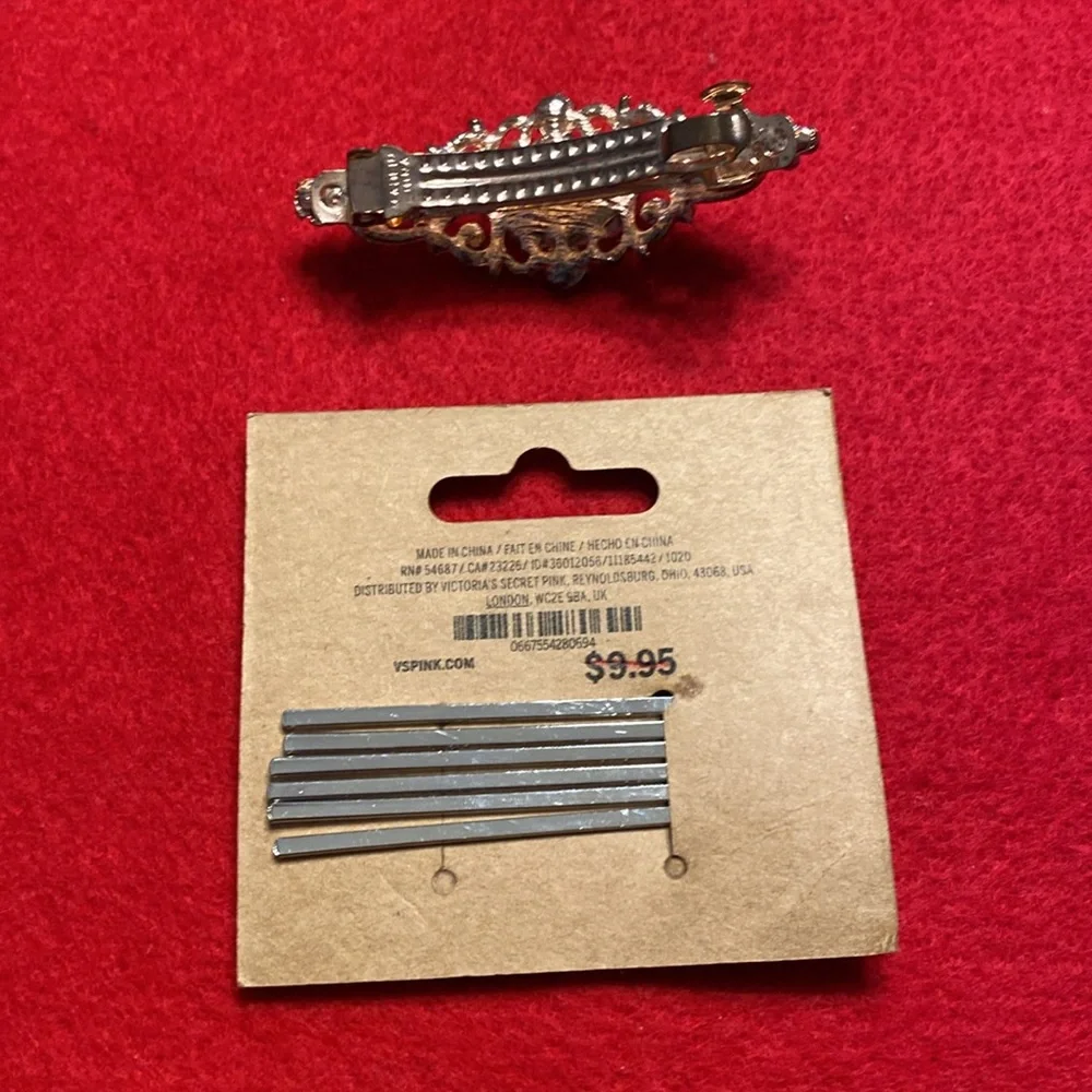 Pink Victoria's Secret rhinestone bobby pins and rhinestone barrette